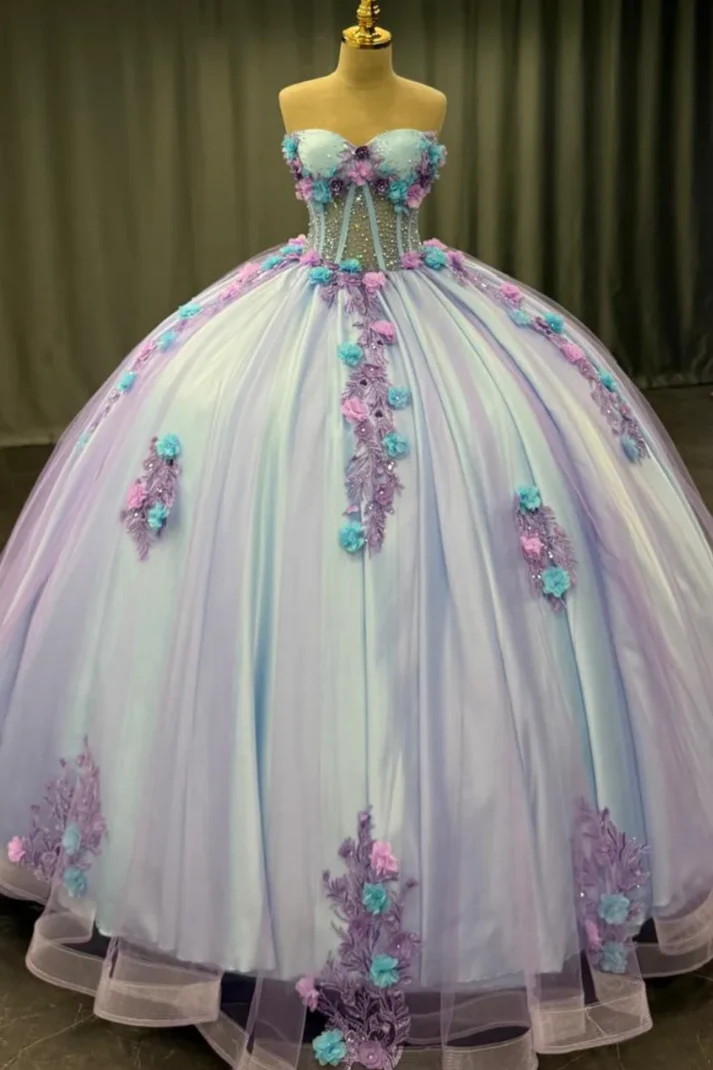 Strapless Sleeveless Beaded 3D Appliques Purple Sweet 15 Quinceañera Dress