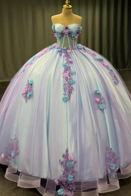 Strapless Sleeveless Beaded 3D Appliques Purple Sweet 15 Quinceañera Dress