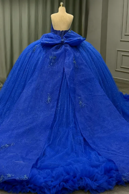 Strapless Sleeveless Beaded Appliques Royal Blue Bow Knot Sweet 15 Quinceañera Dress