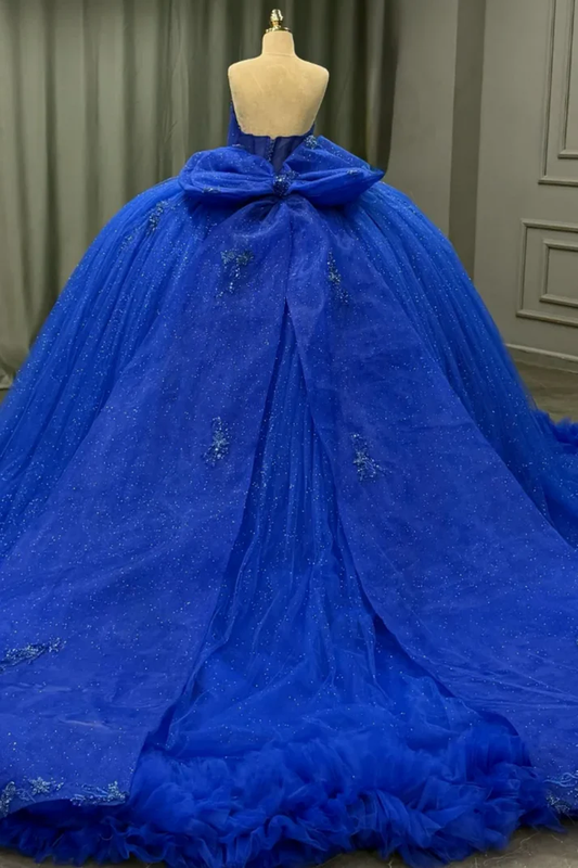 Strapless Sleeveless Beaded Appliques Royal Blue Bow Knot Sweet 15 Quinceañera Dress
