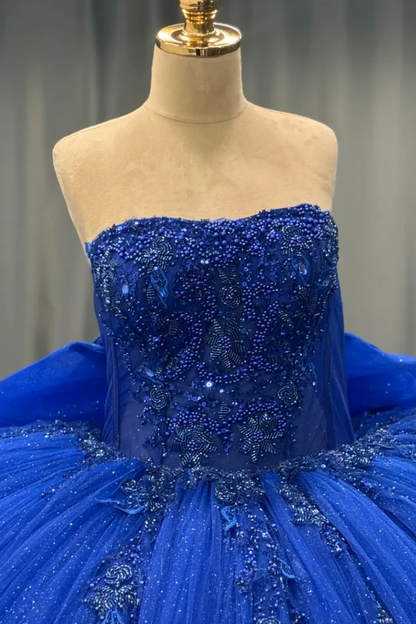 Strapless Sleeveless Beaded Appliques Royal Blue Bow Knot Sweet 15 Quinceañera Dress