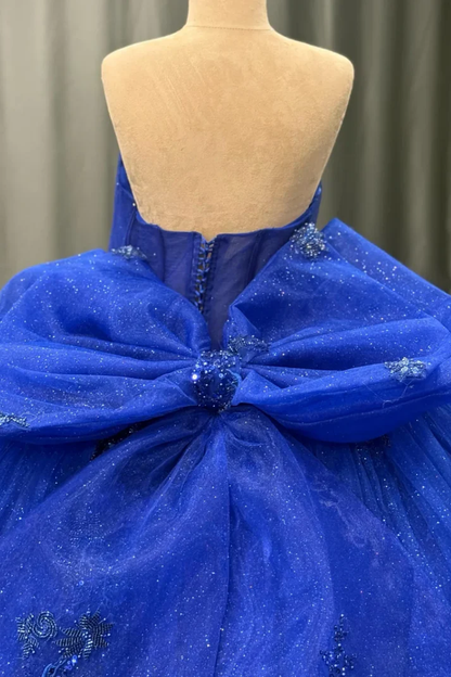 Strapless Sleeveless Beaded Appliques Royal Blue Bow Knot Sweet 15 Quinceañera Dress