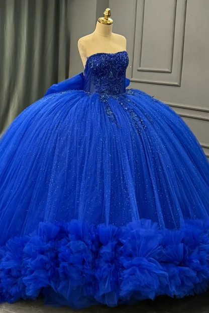 Strapless Sleeveless Beaded Appliques Royal Blue Bow Knot Sweet 15 Quinceañera Dress