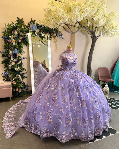 Strapless Sleevelss Flowers Appliques Lilac Quinceañera Dresses