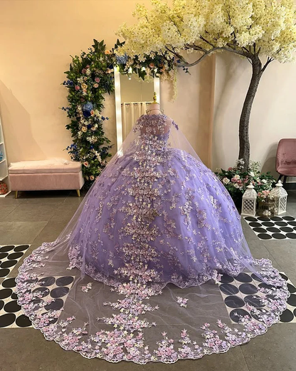 Strapless Sleevelss Flowers Appliques Lilac Quinceañera Dresses