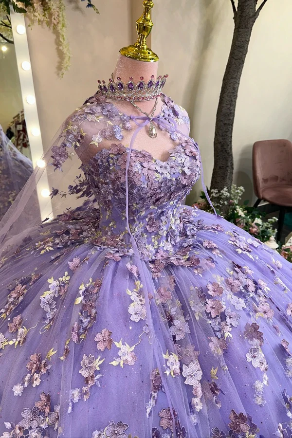 Strapless Sleevelss Flowers Appliques Lilac Quinceañera Dresses