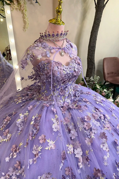 Strapless Sleevelss Flowers Appliques Lilac Quinceañera Dresses