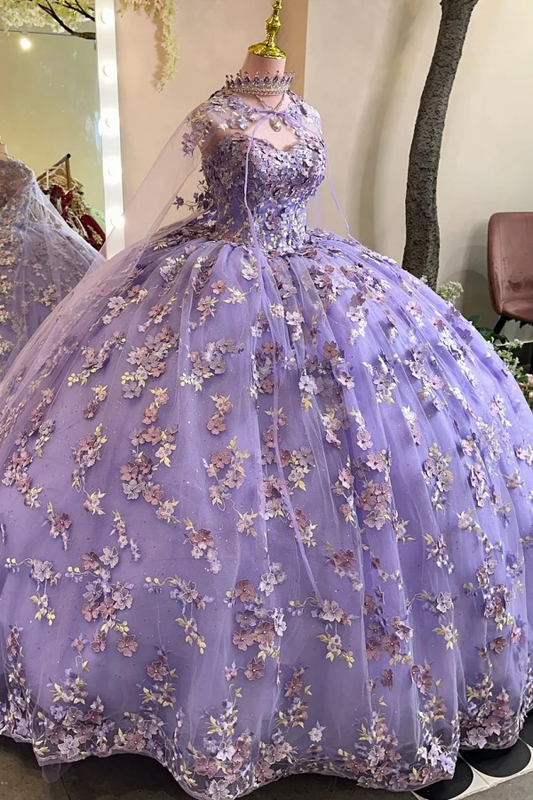 Strapless Sleevelss Flowers Appliques Lilac Quinceañera Dresses