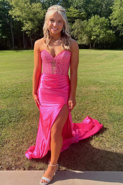 Strapless Sweetheart Beaded Purple Satin Floor Length Sweep Train Prom Dress, Slit