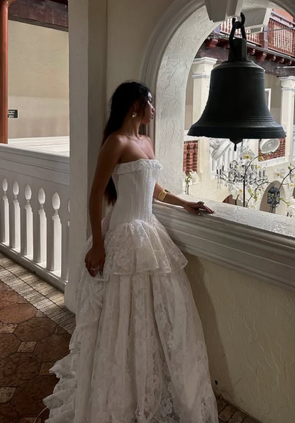 Stunning Ball Gown Strapless Layered White Lace Prom Dress Wedding Dress