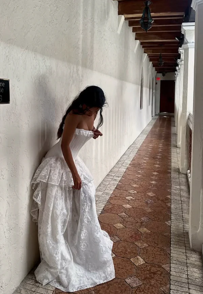 Stunning Ball Gown Strapless Layered White Lace Prom Dress Wedding Dress