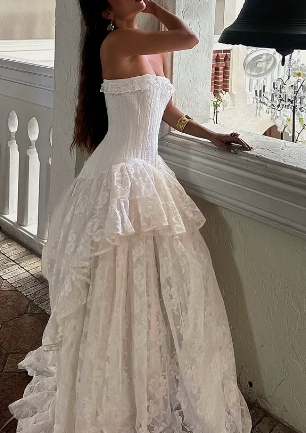 Stunning Ball Gown Strapless Layered White Lace Prom Dress Wedding Dress