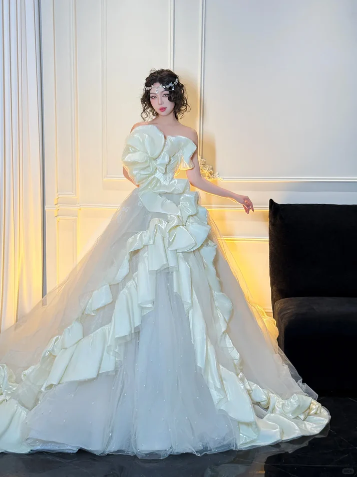 Stunning Ball Strapless White Ruffle Satin Tulle Long Prom Dress Party Dress