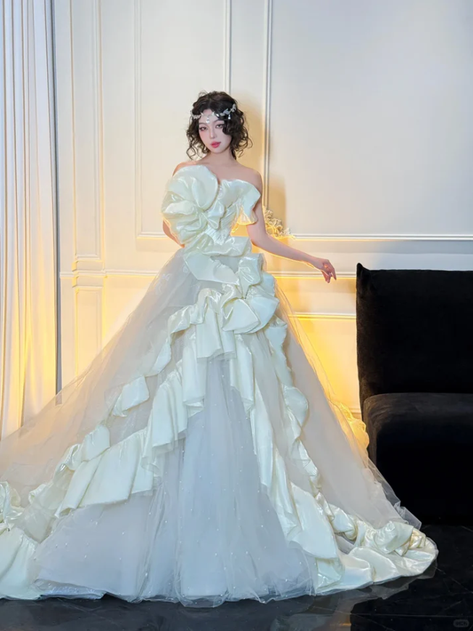 Stunning Ball Strapless White Ruffle Satin Tulle Long Prom Dress Party Dress