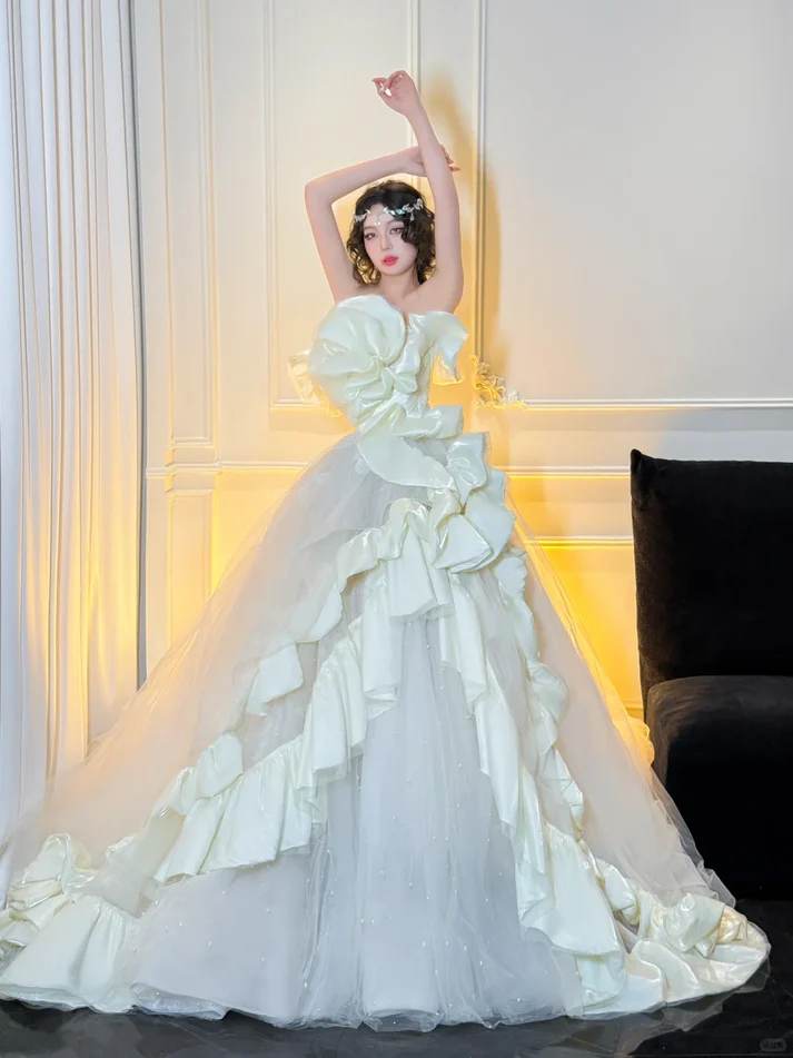 Stunning Ball Strapless White Ruffle Satin Tulle Long Prom Dress Party Dress