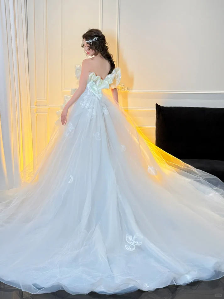 Stunning Ball Strapless White Ruffle Satin Tulle Long Prom Dress Party Dress