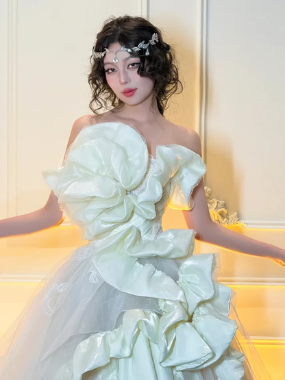 Stunning Ball Strapless White Ruffle Satin Tulle Long Prom Dress Party Dress