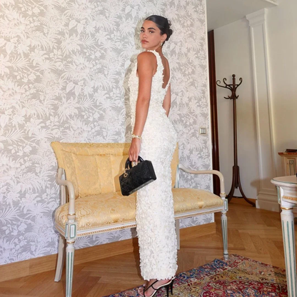 Summer Wedding Guest Dress Women V Neck 3D Flower Dress Sexy Satin Slim Evening Party Dresses