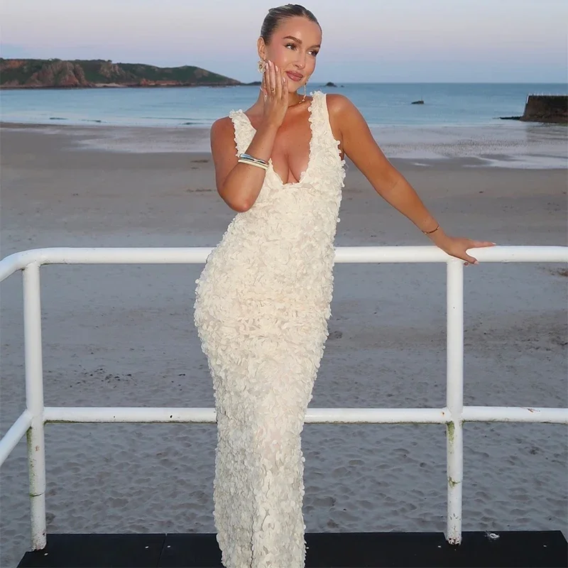 Summer Wedding Guest Dress Women V Neck 3D Flower Dress Sexy Satin Slim Evening Party Dresses