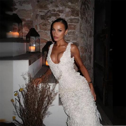 Summer Wedding Guest Dress Women V Neck 3D Flower Dress Sexy Satin Slim Evening Party Dresses