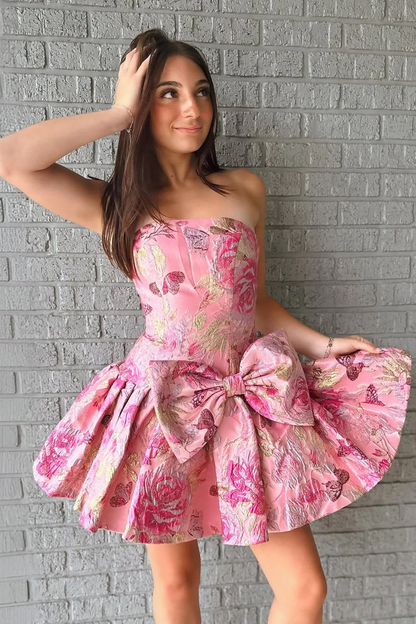 Sweet Strapless Neck Jacquard Satin Homecoming Dress