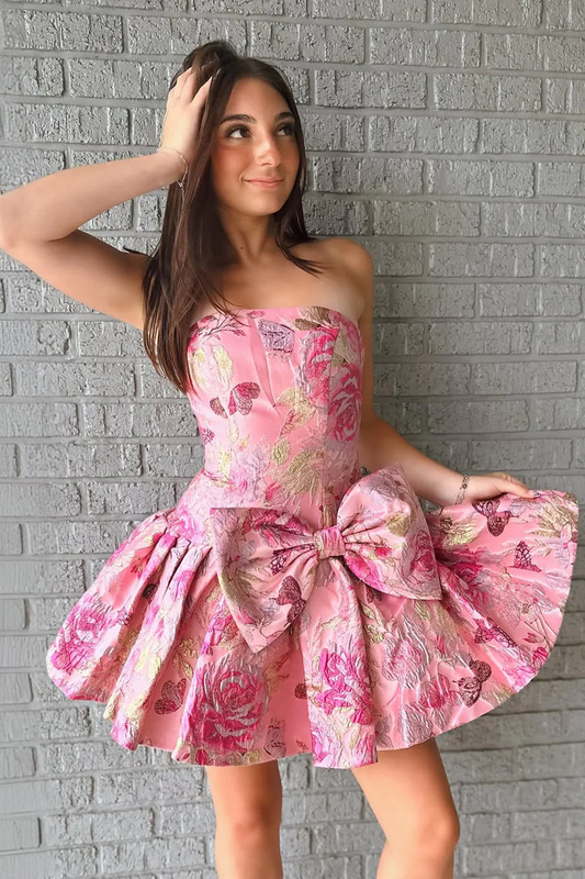 Sweet Strapless Neck Jacquard Satin Homecoming Dress