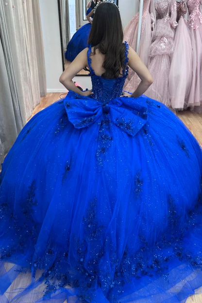 Sweetheart Neck Straps Sleeveless Beaded Appliques Bow Knot Royal Blue Sweet 15 Quinceañera Dress