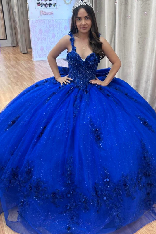 Sweetheart Neck Straps Sleeveless Beaded Appliques Bow Knot Royal Blue Sweet 15 Quinceañera Dress