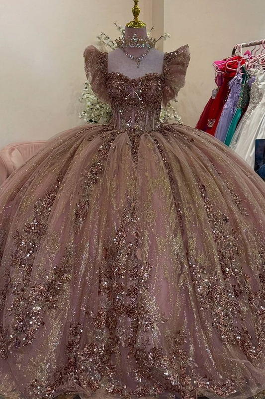 Sweetheart Sleeveless Beaded Sequins Appliques Champagne Sweet 15 Quinceañera Dress