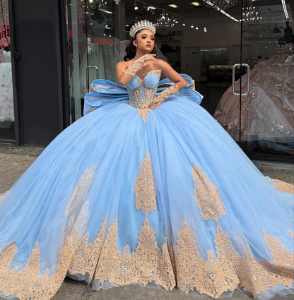 Sweetheart Tulle Lace Appliqued Princess Quinceanera Dresses with Detachable Sleeves