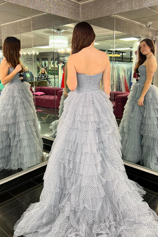 Unique A-Line Polka Dot Ruffle Tiered Long Prom Dresses with Bow