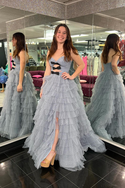 Unique A-Line Polka Dot Ruffle Tiered Long Prom Dresses with Bow