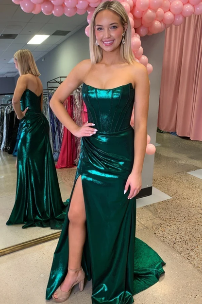 Unique Sheath Boat Neck Sleeveless Pleated Back Zipper High Side Slit and Train Evening Formal Gown Prom Dress