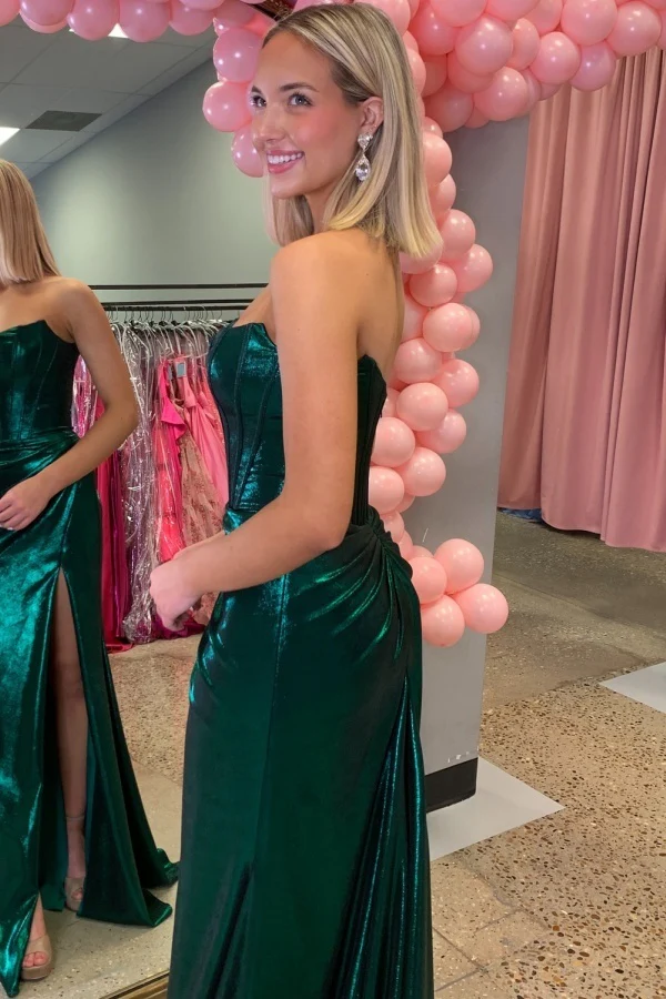 Unique Sheath Boat Neck Sleeveless Pleated Back Zipper High Side Slit and Train Evening Formal Gown Prom Dress