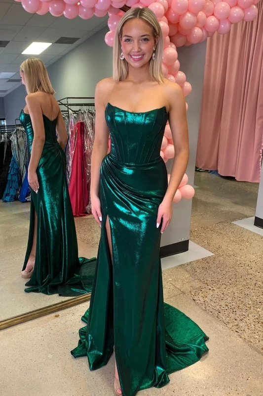 Unique Sheath Boat Neck Sleeveless Pleated Back Zipper High Side Slit and Train Evening Formal Gown Prom Dress