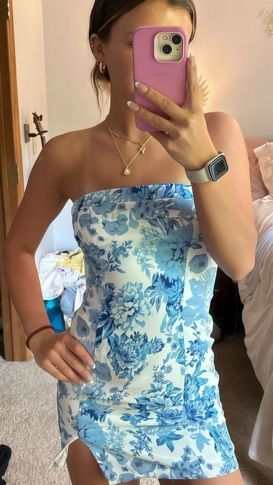 Unique Strapless Blue Satin Print Floral Sheath Short Cocktail Dress Formal Homecoming Dress