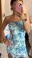 Unique Strapless Blue Satin Print Floral Sheath Short Cocktail Dress Formal Homecoming Dress