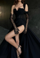 V-Neck Appliques Sleeves High Slit A-Line Prom Dress
