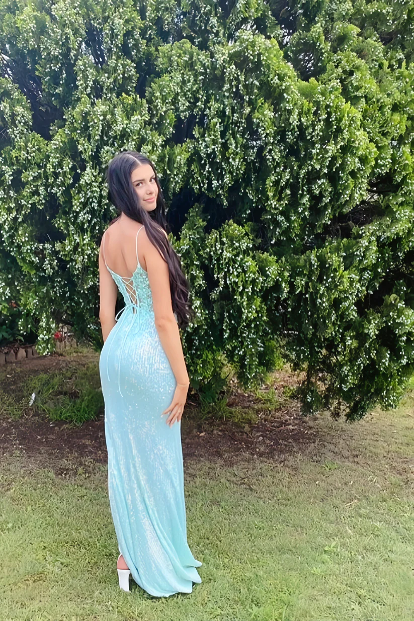 V-neck Spaghetti Strap Side Slit Prom Dress