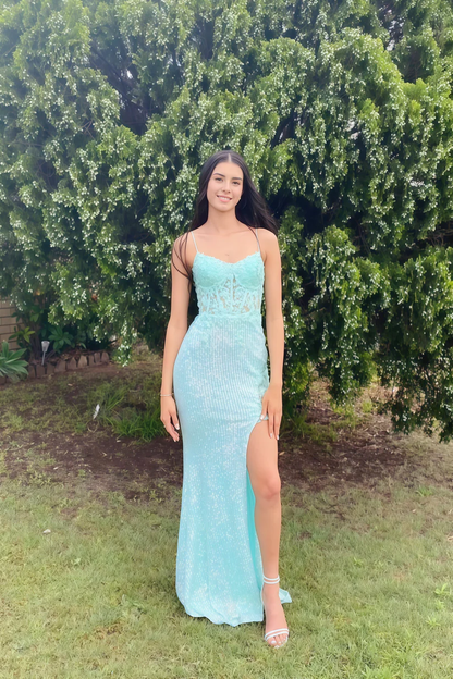 V-neck Spaghetti Strap Side Slit Prom Dress