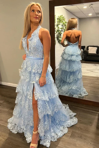 V Necck Halter Blue Sequins Lace Appliques Tiered Prom Dress with High Side Slit and Train