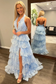 V Necck Halter Blue Sequins Lace Appliques Tiered Prom Dress with High Side Slit and Train