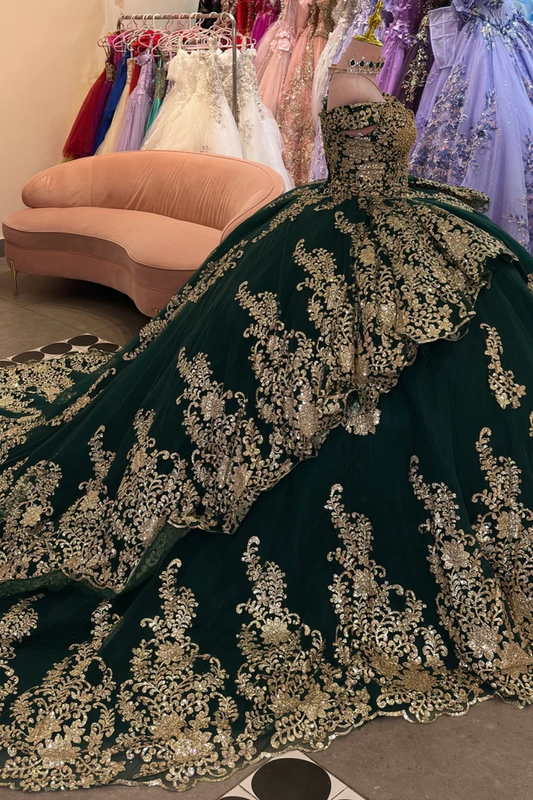 V Neck Off Shoulder Sleeveless Beaded Gold Appliques Ruffles Dark Green Sweet 15 Quinceañera Dress