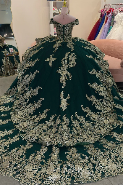 V Neck Off Shoulder Sleeveless Beaded Gold Appliques Ruffles Dark Green Sweet 15 Quinceañera Dress