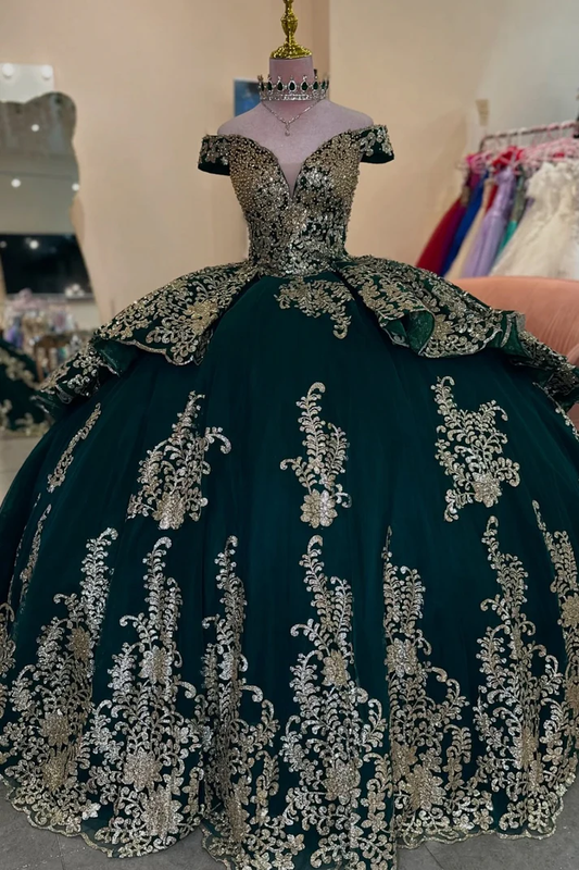 V Neck Off Shoulder Sleeveless Beaded Gold Appliques Ruffles Dark Green Sweet 15 Quinceañera Dress