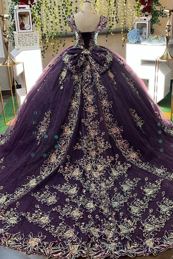 V Neck Straps Sleeveless Sequins Appliques Bow Knot Purple Sweet 15 Quinceañera Dress