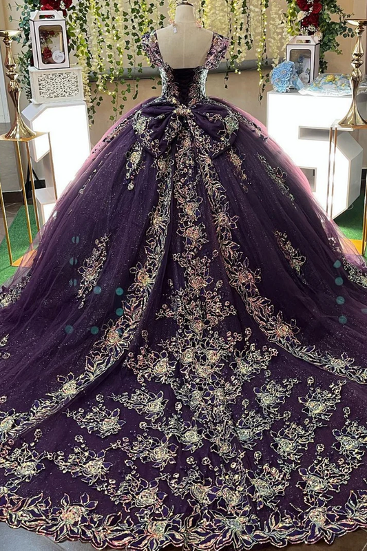 V Neck Straps Sleeveless Sequins Appliques Bow Knot Purple Sweet 15 Quinceañera Dress