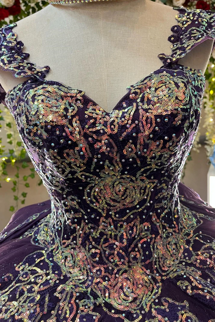 V Neck Straps Sleeveless Sequins Appliques Bow Knot Purple Sweet 15 Quinceañera Dress