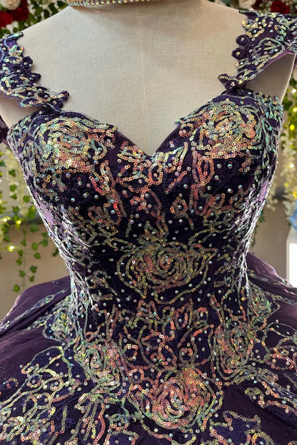 V Neck Straps Sleeveless Sequins Appliques Bow Knot Purple Sweet 15 Quinceañera Dress