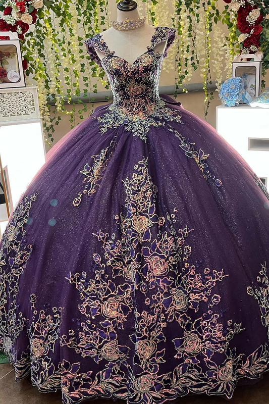 V Neck Straps Sleeveless Sequins Appliques Bow Knot Purple Sweet 15 Quinceañera Dress